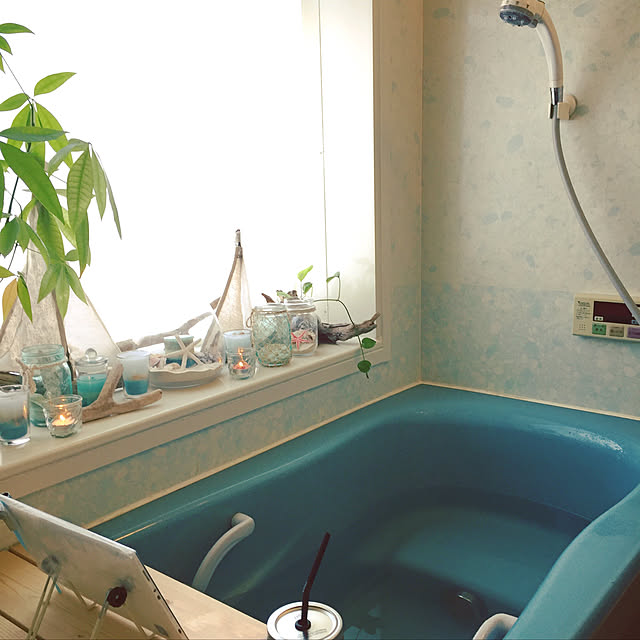 Bathroom,タブレット,バスタブトレー,ダイソー,貝殻キャンドル,アロマキャンドル,観葉植物,メイソンジャー,貝殻テラリウム,流木オブジェ,海を感じるインテリア,流木 bowbowcoの部屋