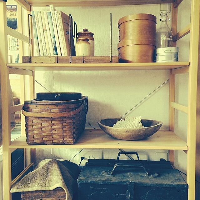 My Shelf,シェーカーボックス,ツールボックス,サンゴ,男前,賃貸,一人暮らし,収納,アンティーク,アフリカの木の器 KINUの部屋
