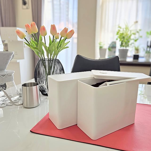 観葉植物,ダイニングテーブル,出窓,花瓶,マンション,チューリップ,コーヒー,春,ダイニングチェア,フェイクフラワー,コーヒーキャニスター,コーヒーサーバー,タワー,コーヒーフィルターケース,ランタン型キャンドルホルダー,セット,ハリオコーヒーサーバー,RoomClipショッピング,受賞ポイントで購入,ドリップカップ,ニトリ,ニトリデコホーム,デコホーム,ホワイト,癒しのティータイム賞,Kitchen love1017の部屋