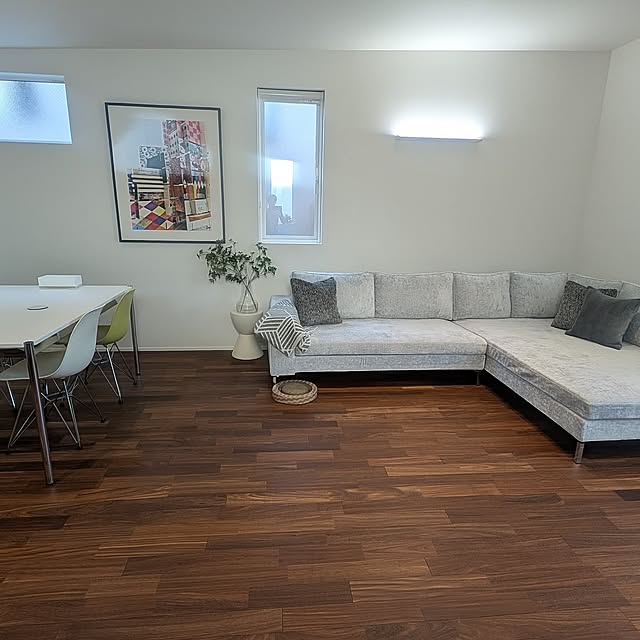 Lounge,シンプル,モノトーン,無垢の床,USMハラー,ミニマル,イームズチェア,ねこのいる日常,猫と暮らす,アートのある暮らし,ハラー usm,ソファ,フェイクグリーン nanaの部屋