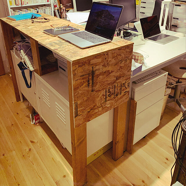 スタンディングデスク,書斎,IKEA,DIY,ワトコオイル ミディアムウォルナット,OSB合板,My Desk _yuzy_の部屋