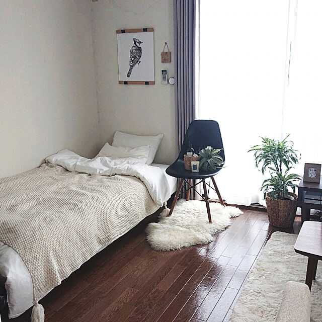 Bedroom,1K,一人暮らし,6畳,7畳,グリーンのある暮らし,ブラウンインテリア,無印良品,IKEA,ナチュラル,ニトリ saya-nagaの部屋