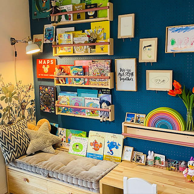 子供部屋収納,絵本コーナー,絵本棚,子供部屋女の子,子供のいる暮らし,子供部屋,DIY,雑貨,IKEA,On Walls,有孔ボード DIY,有孔ボード,ミルクペイント,壁紙,3歳娘 amiiの部屋
