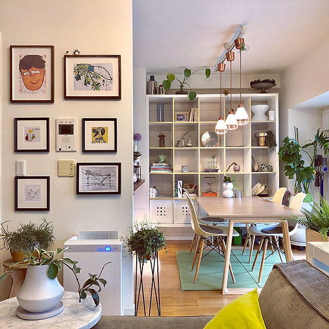 Lounge,賃貸マンション,家族で暮らす,植物のある生活,イケヒコ,ヒコラー,イケヒコ・コーポレーション,置き畳プラード,い草,イケア額,子供の作品,IKEA棚,エコカラットの壁,イケア,賃貸,RoomClipドラマ化 yannの部屋