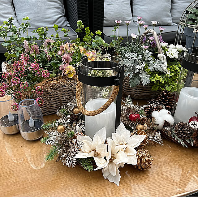 Overview,クリスマス,庭,ガーデニング,寄せ植え,ガーデン雑貨,冬,冬支度,ダスティミラー（シロタエギク）,ご覧頂きありがとうございます♡,テラスのある暮らし,アリッサム寄せ植え,アリッサム ピンク,秋のくつろぎ時間,アリッサム　クリーム,ビオラ,オレガノ,アンティークカラー,ミルフルフリル咲きのビオラ,かご寄せ植え,アンティークビオラ♡,バードゲージ,ハンドメイドリース felicityの部屋