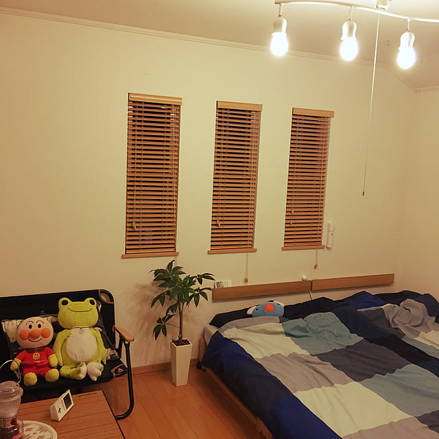 Bedroom,IKEA,光触媒,観葉植物,クイックキャンプ,ローチェア,ウッドブラインド,木製ブラインド,無印良品 壁に付けられる家具,無印良品,長押,寝室 kaerunoameriの部屋