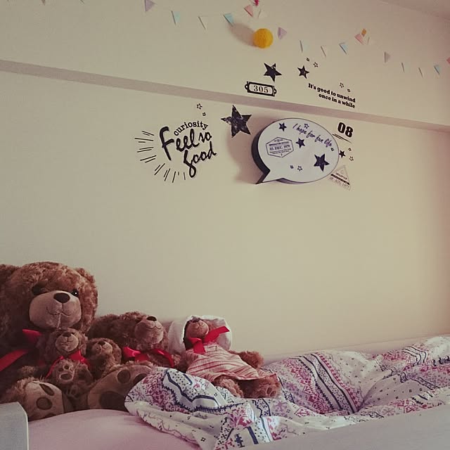 Bedroom,RCの出会いに感謝♡,RC埼玉,RC埼玉支部,いつもいいねやコメありがとうございます♡,Instagram➡makiko.myu,セリア,100円SHOP,seria,二段ベッド,ぬいぐるみ,テディベア,セリアのウォールステッカー Makikoの部屋