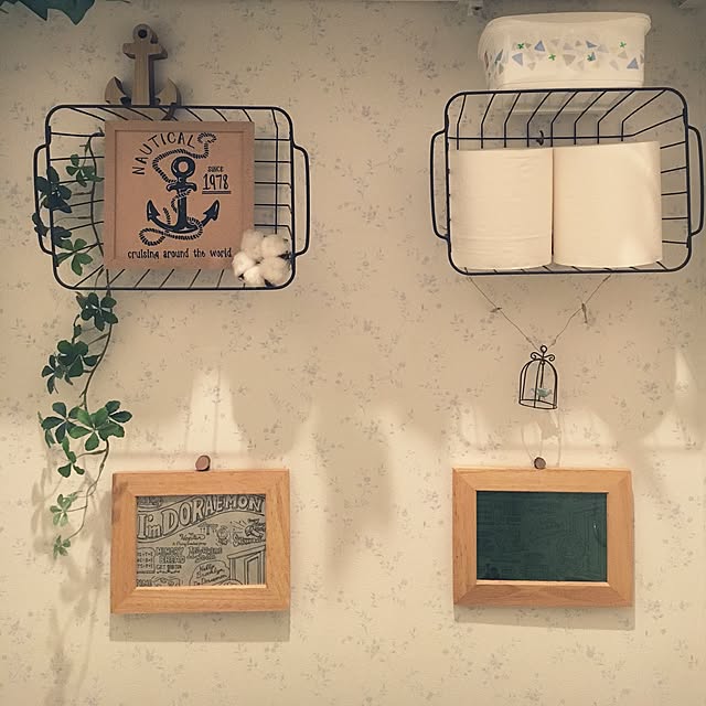 Bathroom,ワイヤーかご,マリン,フェイクグリーン,ブルックリン柄,シュガーバイン,綿の花ドライ,綿の花,ナチュラルキッチン,セリア,seria,Can☆Do,キャンドゥ,ドラえもん,100均雑貨,カメラマークを消したくて yuuの部屋