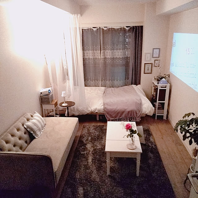 Overview,ひとり暮らし,ひとり暮らしをとことん楽しむ！,ひとり暮らし 1K,ワンルーム,ソファ,観葉植物のある暮らし,間接照明,配置替え,ベッド,花のある暮らし,夜のリラックスタイム,プロジェクターのある部屋 remymartin83の部屋