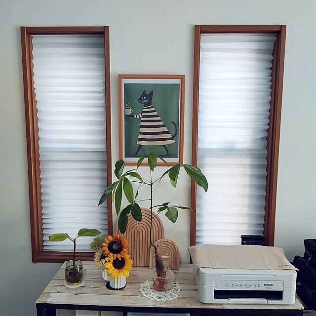 Lounge,カーテン・ブラインド,グリーン,IKEA,IKEA　SCHOTTIS,夏,フェイクグリーン,観葉植物のある暮らし,見て頂きありがとうございます,水耕栽培のある暮らし,プチプラインテリア,フェイクひまわり,夏のインテリア,イケア花瓶,リフォーム・リノベーション,アートのある暮らし yukunの部屋