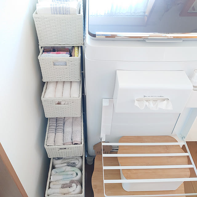Bathroom,タオル収納,チェスト,ホワイトインテリア,サニタリーチェスト4段,隙間収納,ラタン調,デッドスペース有効活用,通気性良し,ランドリールーム,ランドリーチェスト,tower mak.の部屋