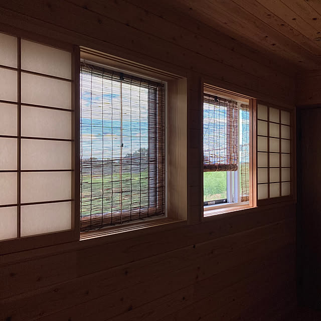 山小屋風,車用サンシェード,遮光遮熱対策,ダイソーのすだれ巻上器,ダイソーのいぶしすだれ,すだれ,障子,エアコン節電,省エネ,夏,On Walls mkmkmoominの部屋