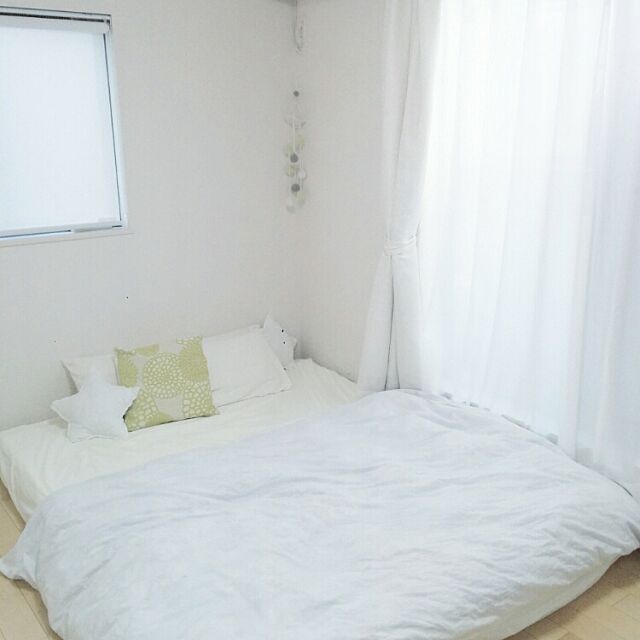 Bedroom,ミニマリスト,真っ白,ホワイトルーム,グリーン,クッション satoeri626の部屋