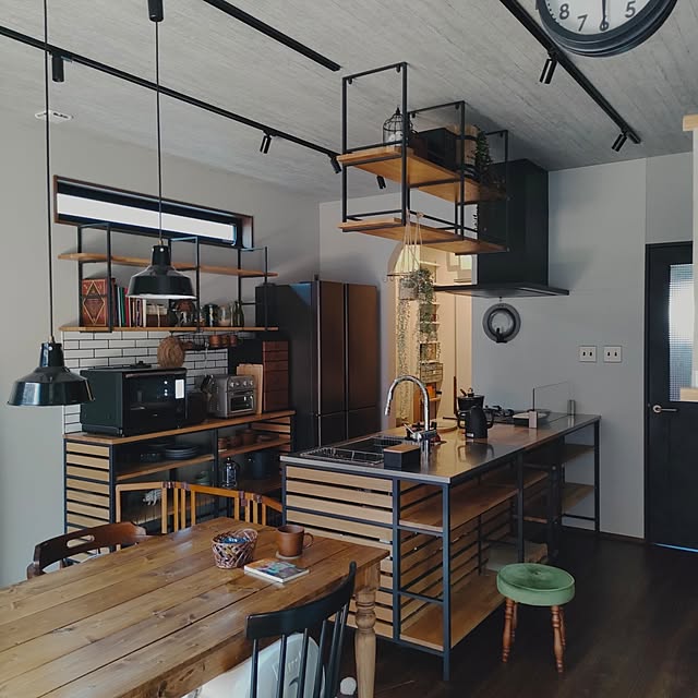 Kitchen,カフェ風インテリア,アンティーク風,カウンターキッチン,フレームキッチン,WOODONEのキッチン,木のキッチン,イベント参加,アイアンキッチン,インダストリアル,好きなものに囲まれた暮らし,アトリエ風,カフェ風キッチン,ODELIC 照明,ODELICペンダント照明 Atelier_tamakiの部屋