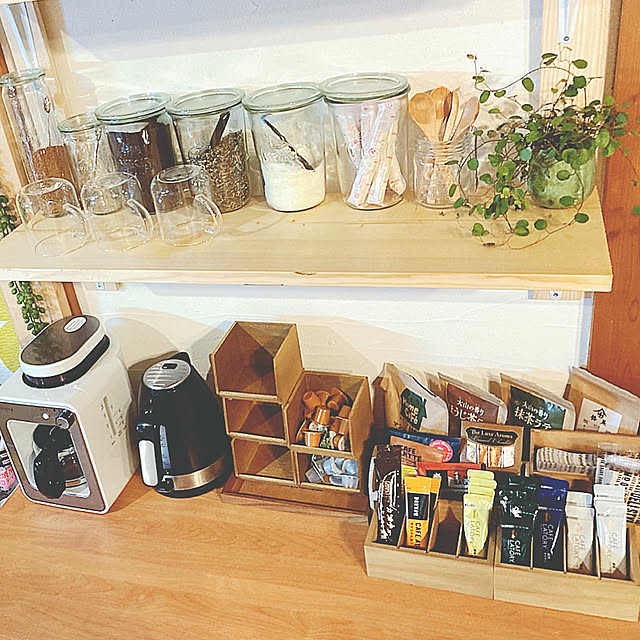 カフェコーナー,WECK,古民家diy,Kitchen,模様替えしました,おうちカフェ,coffeeインテリア,cafe,お茶セット,seria,観葉植物 momo_aの部屋