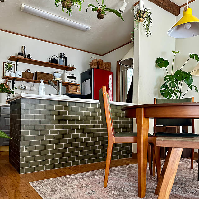 Kitchen,キッチンカウンター,アクセントクロス,ダイニングテーブル,インドアグリーン,丸テーブル,グリーンのある暮らし,北欧ミックス,いぬと暮らす,ヴィンテージグリーン,ちょっとビンテージ,暮らしを楽しむ,ねこと暮らす,壁紙シート,壁紙屋本舗 67の部屋