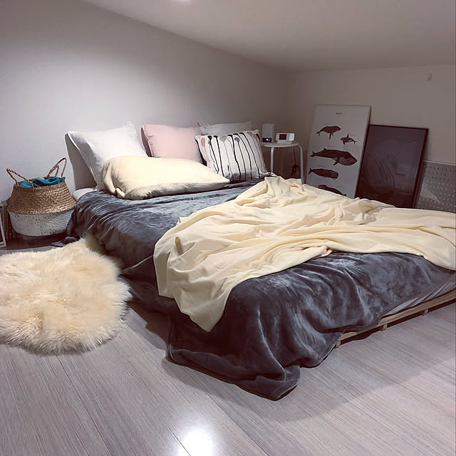 Bedroom,アートポスター,スカンジナビアンに憧れる,ロフト,1K,一人暮らし,賃貸,ひとり暮らし,IKEA,スッキリ暮らしたい,ホワイトインテリア,ニトリ,ロフトのある部屋,1人暮らし,グレーインテリア,ロフトも6畳,セミダブル w_fox0713の部屋