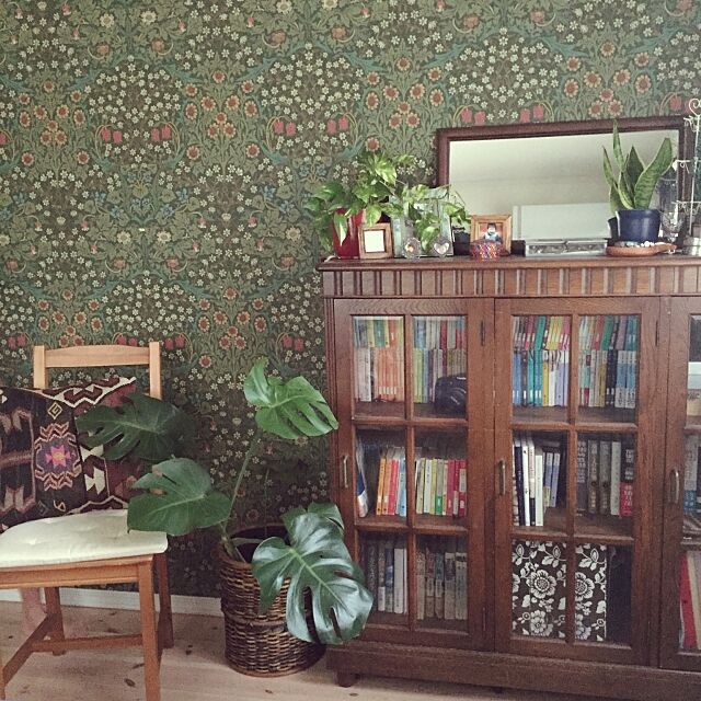 Bedroom,本に囲まれていたい,ウィリアムモリス,アンティーク,本棚,読書,NO GREEN NO LIFE,植物のある暮らし,キリムクッション,観葉植物,ミラー junの部屋