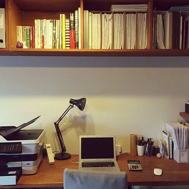 My Desk,書斎,造作棚,造作カウンター,アマダナの電話,無印のデスクライト,オークの棚板 Naoの部屋