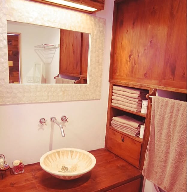 Bathroom,DIY,バリ風,バスルーム,洗面所,鏡,ミラー,手作り otamioの部屋