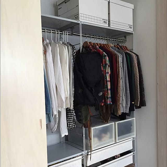 秋服,ポリプロピレン洗濯用ハンガー,HOBO,バンカーズボックス,PP衣装ケース引出式・深,スチールユニットシェルフ,衣類収納,無印良品,My Shelf slowfudgeの部屋