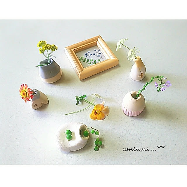 My Desk,ハンドメイド,自分らしく自由に…,コメントお気遣いなく♡,春のお花,RCの出会いに感謝♡,いつもいいねやコメありがとうございます♡,小花が好き,癒し,感謝｡.:*ฺ✤ฺ,花瓶,一輪挿し,木かるねんど,粘土,ナチュラル,5月8日,野花,ベランダのお花,セリアのフレーム,フレーム,訪問できなくてごめんなさい(ToT) umiumiの部屋