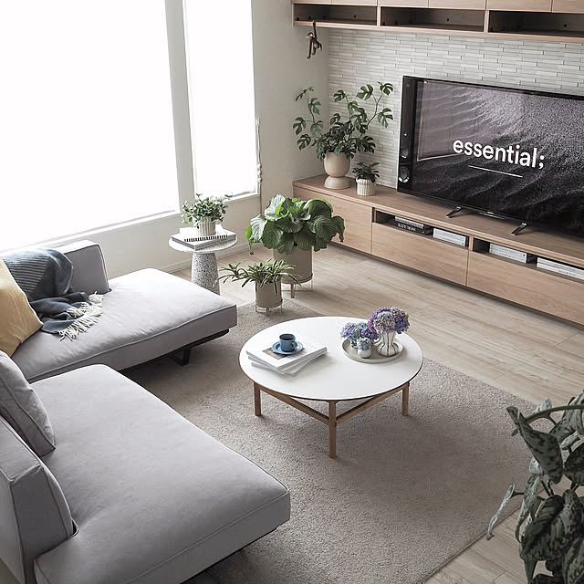 Lounge,平屋暮らし,北欧インテリア,ヒメモンステラ,カラテアオルビフォリア,観葉植物のある暮らし,リビングテーブル,ラウンドテーブル,フクラソファー,HUKLA カストール,HUKLAソファ,ソファーまわり,ソファー,リビングインテリア,団らんスペース,ig→sh.atyou,楽天ROOM→LOVE YOU sh.atyouの部屋