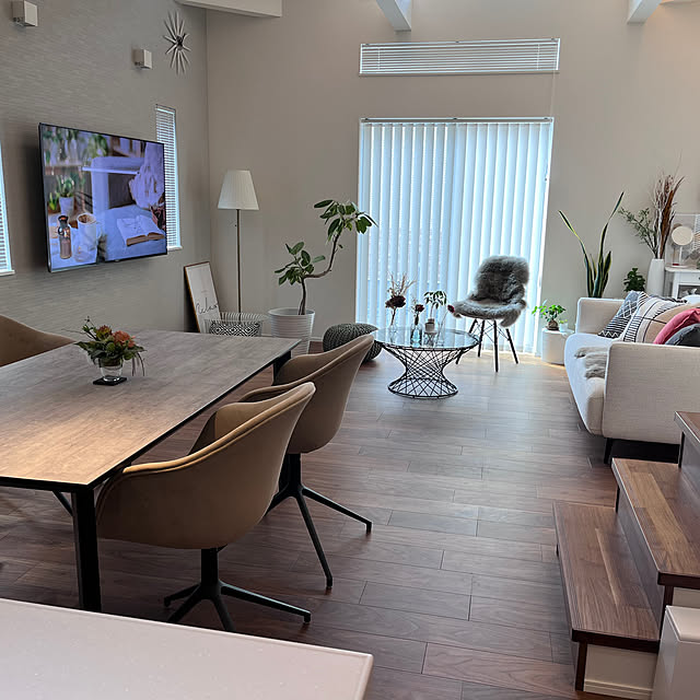 R5.05.21,壁掛けテレビ,ダイニングテーブル＆チェア,縦長のお部屋レイアウト,BoConcept ソファ,Francfranc コーヒーテーブル,観葉植物,バーチカルブラインド,ムートンラグ,スタイリッシュモダン,Overview izumikoの部屋