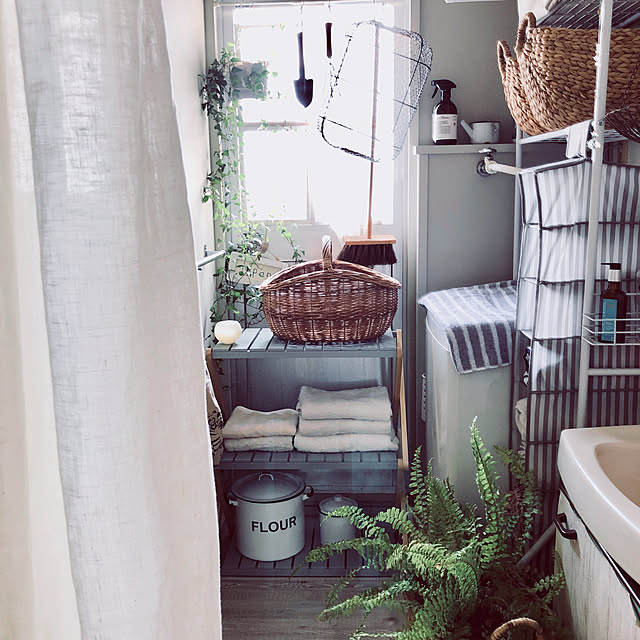 Bathroom,シダ,リネンカーテン,モニター,緑のある暮らし,グレー好き,ベルメゾンの折りたためるラック,シンプルな暮らし,折りたためるラック,ボタニカルライフ,ボタニカルインテリア,団地インテリア,丁寧な暮らし,カゴ好き,ベルメゾン saokoの部屋