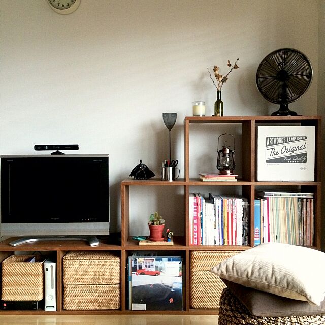 My Shelf,TVボード,扇風機,スタッキングシェルフ,バットマン,ドライフラワー,二人暮らし,無印良品,ラタンカゴ someday-5の部屋