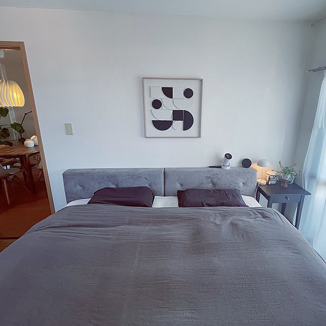 Bedroom,セカンドライフ,無印良品,IKEA,賃貸,2LDK,狭小住宅,2人暮らし,賃貸でも諦めない！,グリーンのある暮らし,すっきり暮らす,心地よい暮らし,『RCカントリー倶楽部☆』,アートのある暮らし,ルームクリップショッピング,モノトーンインテリア,3coinsのライト,グレーインテリア,睡眠の質を上げる,プロジェクターのある暮らし,ハンド手袋,ハンドケア akoの部屋