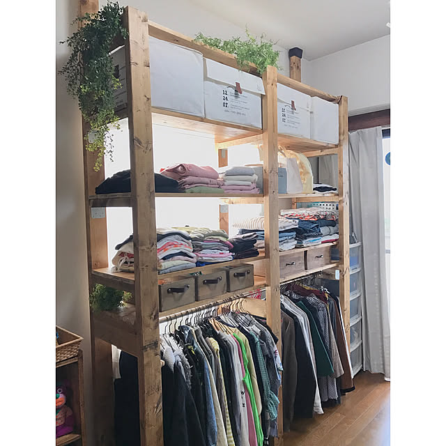 My Shelf,洋服 収納,洋服ラック,大型壁面収納,壁面収納,オープン収納,DIY,ディアウォール,ワトコオイル,マンション,築21年,棚板は1×4材,2×4材,salut! Unokiの部屋