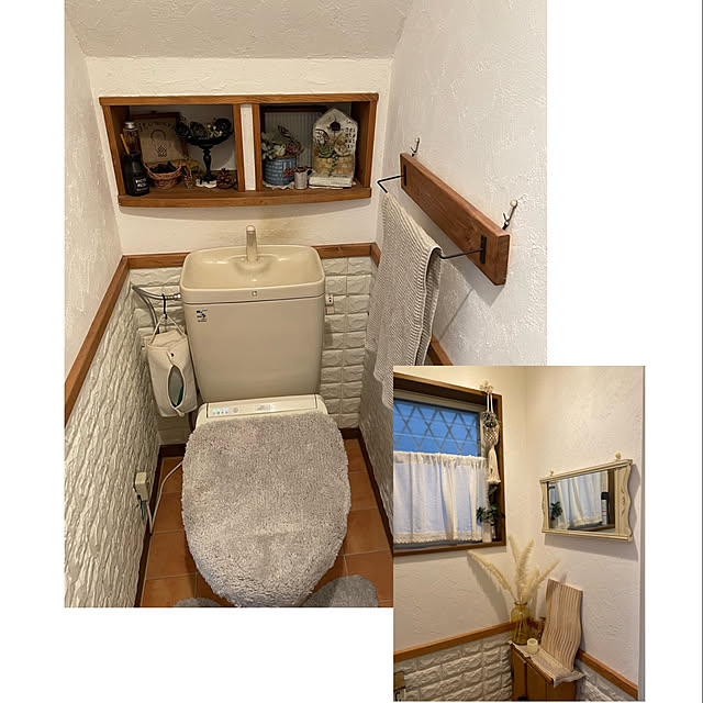 トイレのインテリア,コメントお気遣いなく,ナチュラルインテリア,ホワイトインテリア,petitbonheur_yoko,DIYのある暮らし,リノベーション,カフェ風インテリア,棚DIY,漆喰壁DIY,インスタやってます！,タオルハンガーDIY,なかなか訪問できずｺﾞﾒﾝﾅｻｲ,手作り,クレイ作家petitbonheur,Bathroom,ダイソークッションレンガシート,クッションレンガシート,漆喰壁 yoko_petitbonheurの部屋