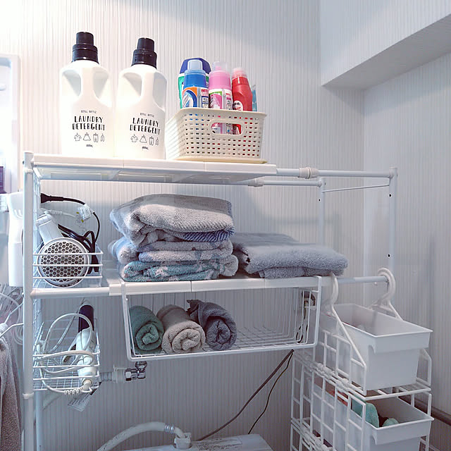 Bathroom,洗濯機周り,セリア,賃貸,100均,ダイソー,ワイヤーネット,ヘアアイロン収納,ドライヤー収納,ランドリー周り,ワイヤーラック,ランドリー,タオル収納 o0mu0oの部屋