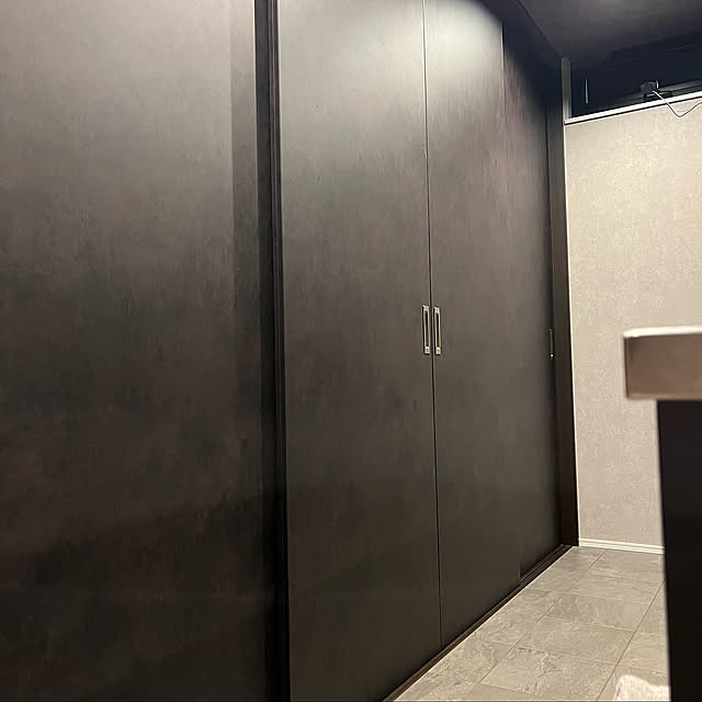 平屋の家,グレーインテリア,ダイケン,キッチン収納,中庭のある暮らし,ペットと暮らす家,新築一戸建て,シンプルな暮らし,背面収納,グレーの壁紙,タイル床,Kitchen arの部屋