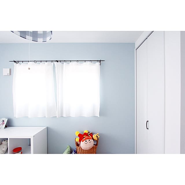Overview,子供部屋,リネンカーテン,カーテンレール,アイアン,アクセントクロス,水色,リクシル,ギンガムチェック,IKEA asuの部屋