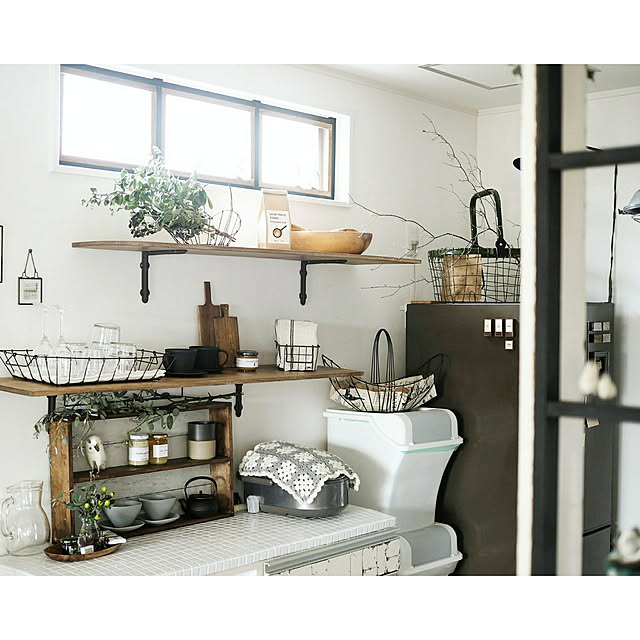 Kitchen,見せる収納,収納,ドライフラワー,DIY,タイル,ゴミ箱,fog linen work,harinezumiちゃん♡,うつわ ,窓枠DIY asasaの部屋