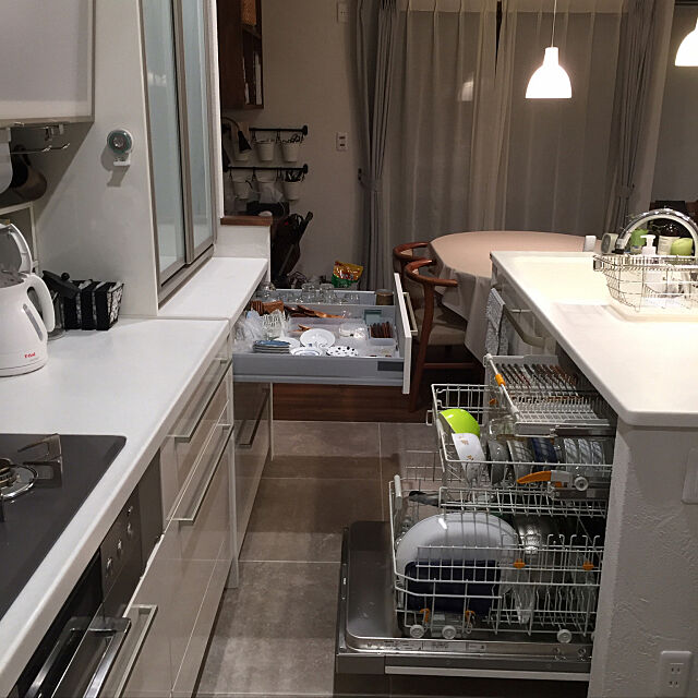 Kitchen,タイル床,生活動線,家事動線,時短,ミーレ 食洗機,家事 natsumama6566の部屋