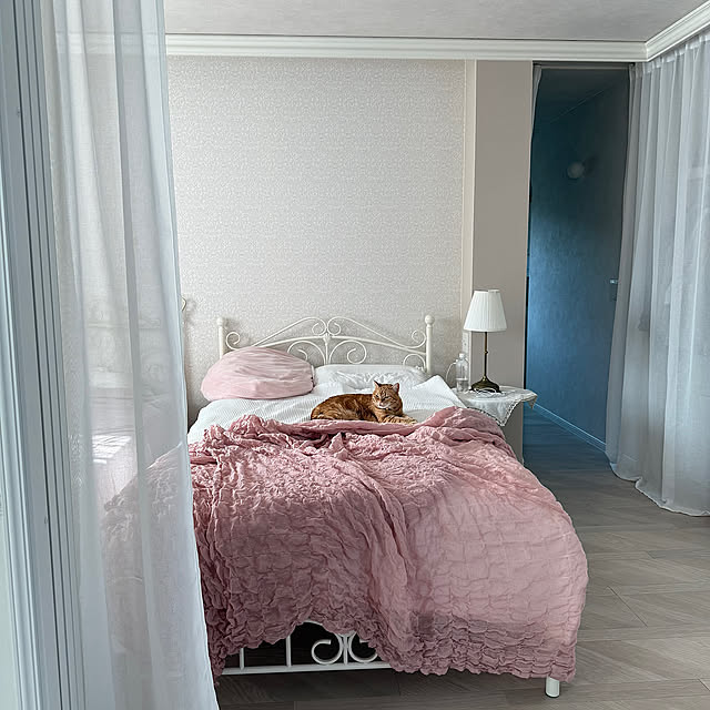 Bedroom,アイアンフレームのベッド,アイアンフレーム,ファブリックアイテム,ねこのいる日常,海外インテリア好き,ねこと暮らす,猫まっしぐら,ニトリクッション,ニトリ,IKEAファブリック,IKEA m623の部屋