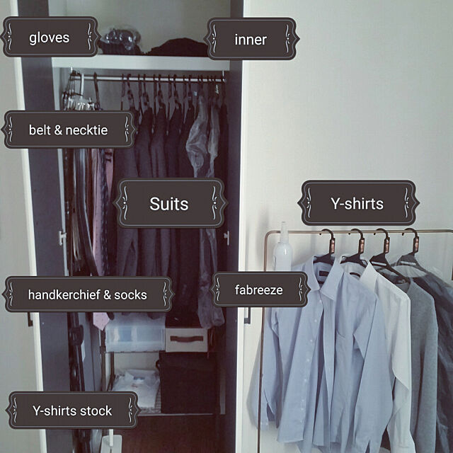 My Shelf,クローゼット,収納,仕事着,スーツ,ワイシャツ掛け,夫のクローゼット,ネクタイ収納,ベルト収納 yome03の部屋