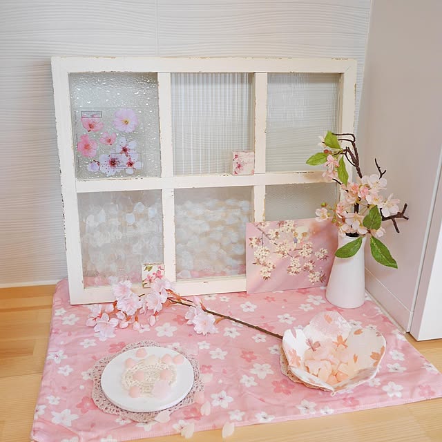 絵はがき,サリュ,ガラス窓枠フレーム,リビングインテリア,テレビボード,春のインテリア,桜,My Shelf,春の模様替え,イベント参加,フェイクフラワー tulip0110の部屋
