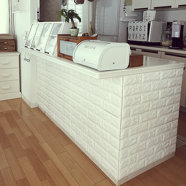 Kitchen,白と茶色が好き♡,ダイソークッションレンガシート,キッチンカウンター,ナチュラルインテリア,白が好き ma-roの部屋