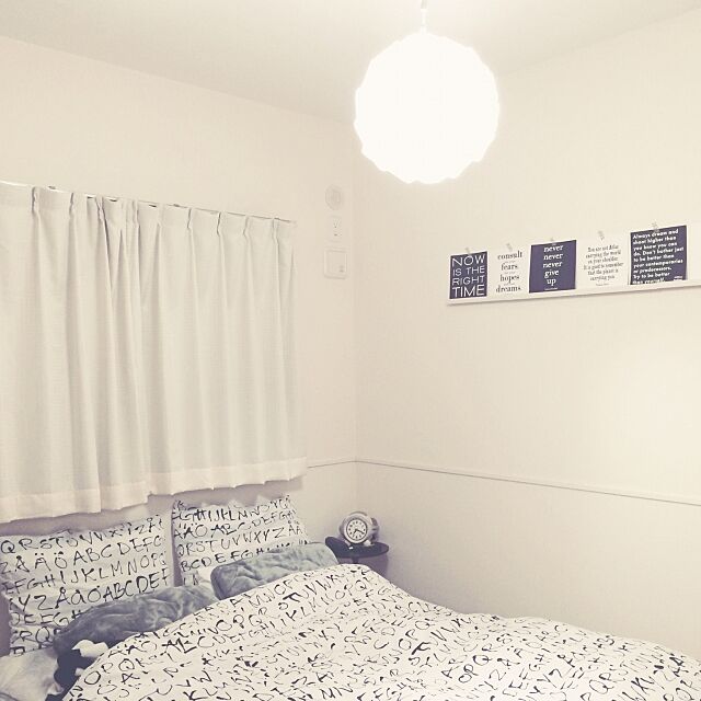 Bedroom,IKEA,白黒,海外のインテリアに憧れる,モノトーン,ニトリ 照明,布団カバー,ベッドルーム akoの部屋