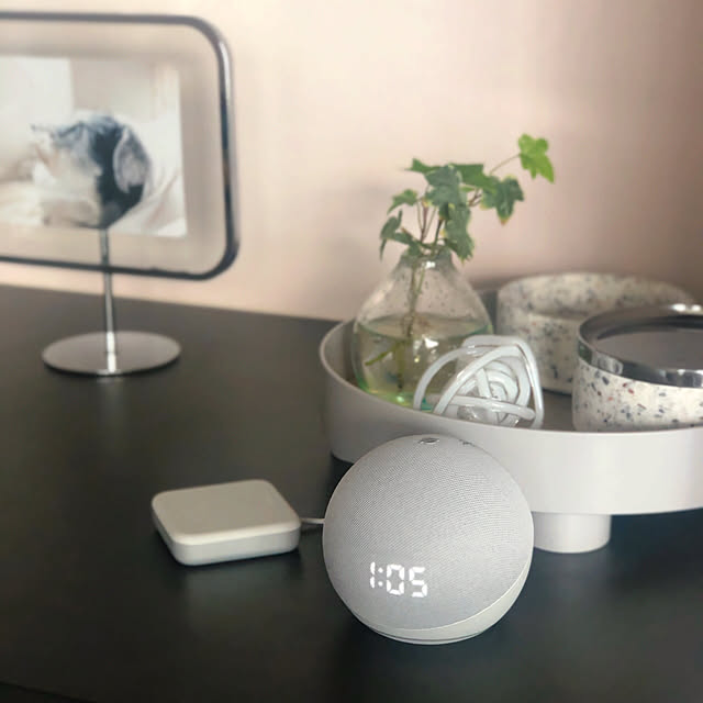 ガラス雑貨,グレー好き,植物のある暮らし,テラゾー,暮らしを楽しむ,Alexaのある生活,Nature Remo,スマート家電,北欧好き,シンプルインテリア,リビング,My Shelf,echo dot,IoT,買ってよかったもの,漆喰壁 mocomochaの部屋
