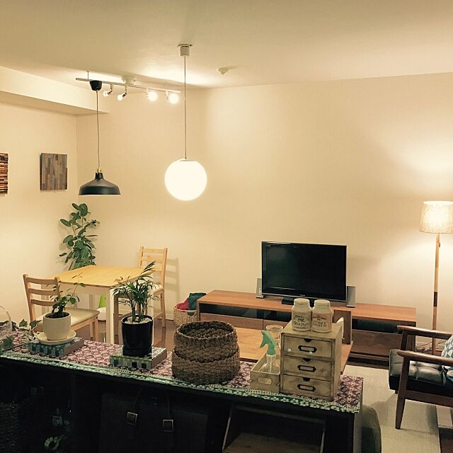 Lounge,一人暮らし,IKEA,DIY,男前,ウォールナット端材,照明,観葉植物 Naokiの部屋