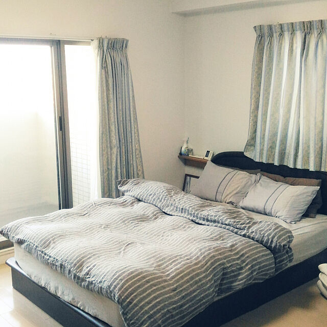 Bedroom,ストライプ,無印良品 寝具カバー,ベッドルーム,リネンの布団カバー,リネン大好き❤,落ち着いた雰囲気 Kanaeの部屋