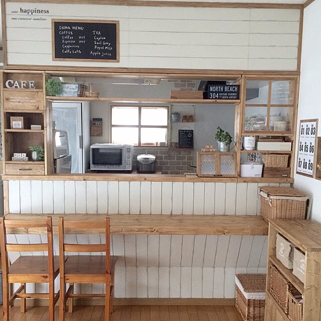 Kitchen,DIY,カフェ風,instagram→juriomi101,板壁,キッチンカウンター,DIY棚,ナチュラル,狭小住宅 jujuの部屋
