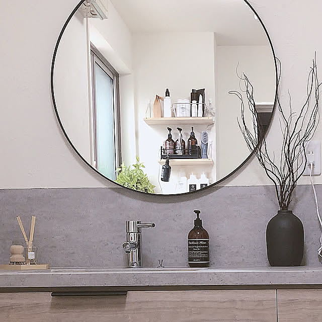 DIY,リメイクシート,いいね、フォロー本当に感謝です♡,すべて自分で！,IKEA,ウォールシェルフ,ミラー,漆喰壁DIY,洗面所改造中,Bathroom ch172の部屋