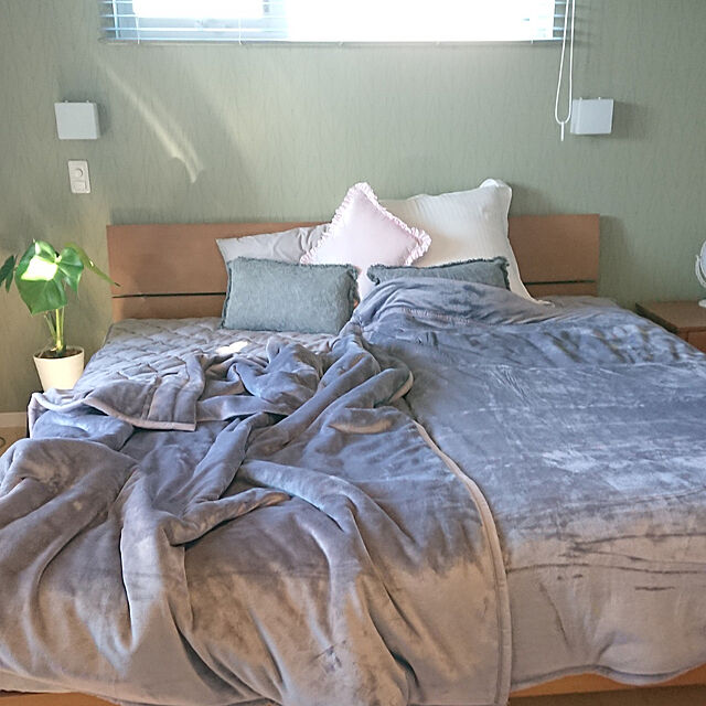 Bedroom,毛布,Room Clipとの出会いに感謝✳︎,いいねありがとうございます☺︎,モダンデコの毛布,グレーの毛布,シングルベッド2台,ニトリのクッション cororoの部屋