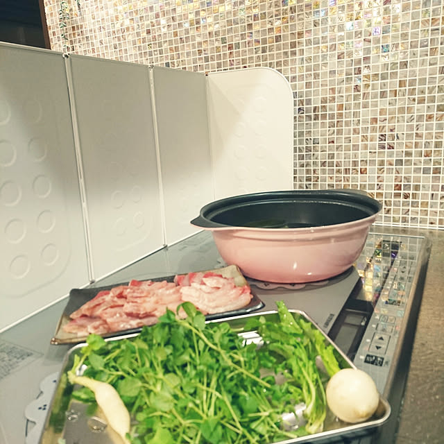 Kitchen,ピンク,モザイクタイル,トーヨーキッチン,七草粥,日立IH,住友林業の家,ぶりしゃぶ,ヴェネツィアンガラス akeの部屋